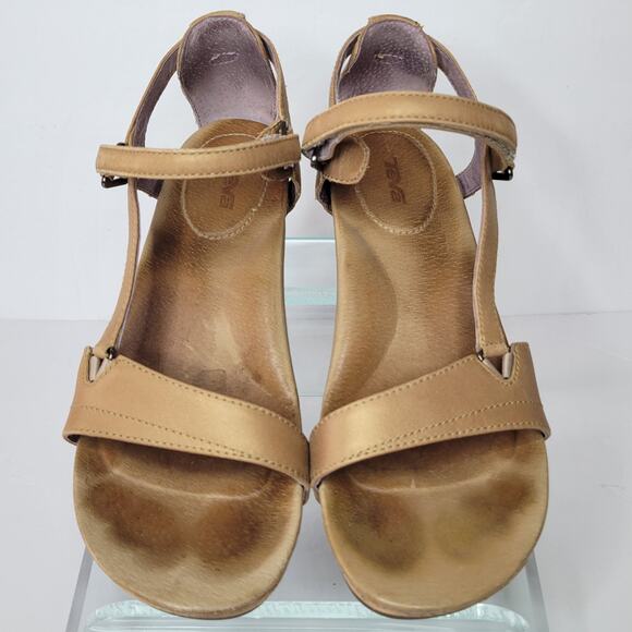 TEVA Capri Wedge Leather Strappy Cork Open Toe Sandals Pearlized Tan sz 7.5 - Picture 2 of 11